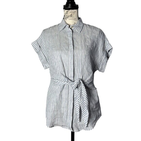 Ralph Lauren Black Label Button-Up Top Linen Waist Tie Blue & White Striped Sz S - Picture 1 of 8
